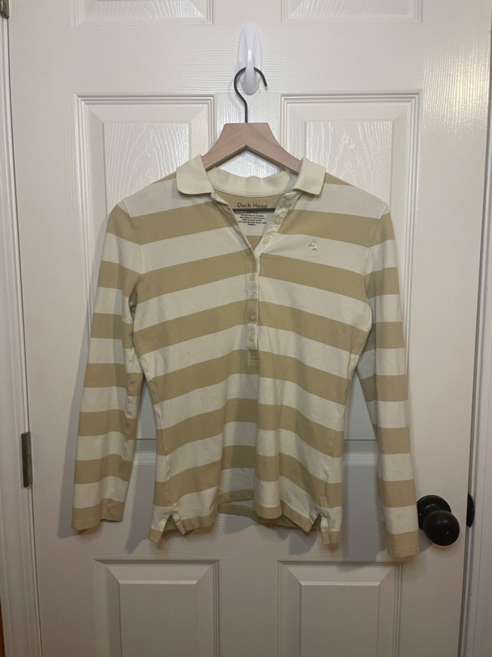 Duck Head Cream Striped Polo Rugby Long Sleeve Size Small